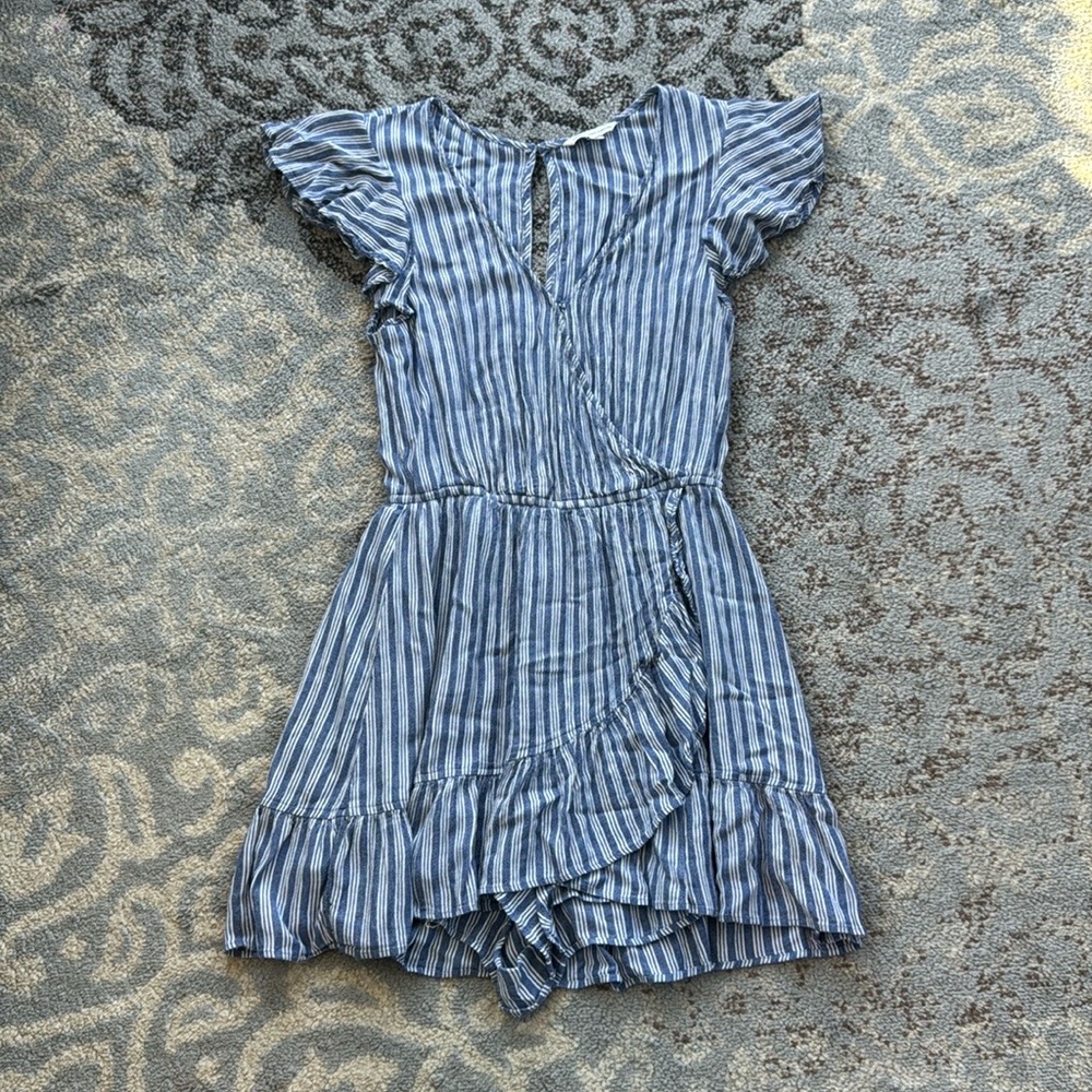 American Eagle Striped Ruffle Wrap Romper Blue White Medium